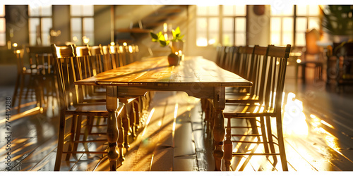 The golden light of sunset shining on a long wooden table and chairs  in the restaurant, Blurred restaurant interior background with vintage filter for displaying products. photo