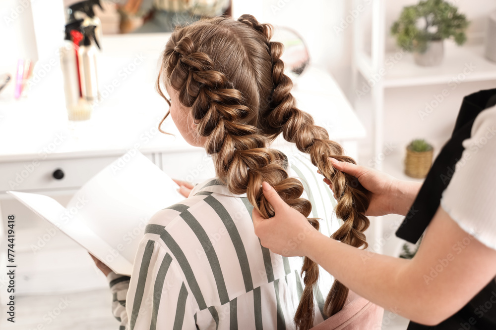 Professional hairdresser braiding client's hair in salon - obrazy, fototapety, plakaty 