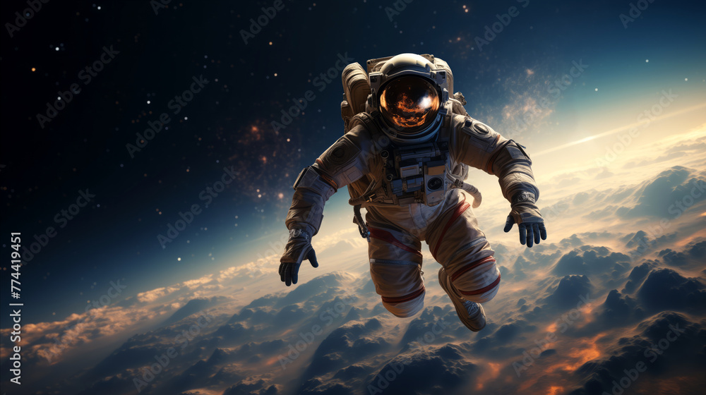 Astronaut floats in the vast expanse of space, silhouetted against the radiant backdrop of cosmic sunset. The sun casts its golden hues upon astronaut’s spacesuit, creating an otherworldly scene