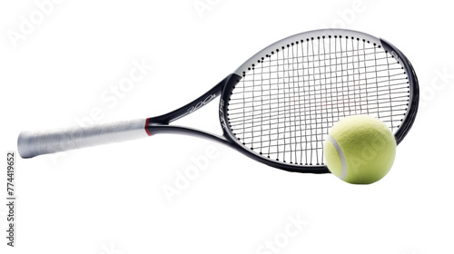A tennis racket and a tennis ball resting on a smooth white surface in a harmonious display © Rehan