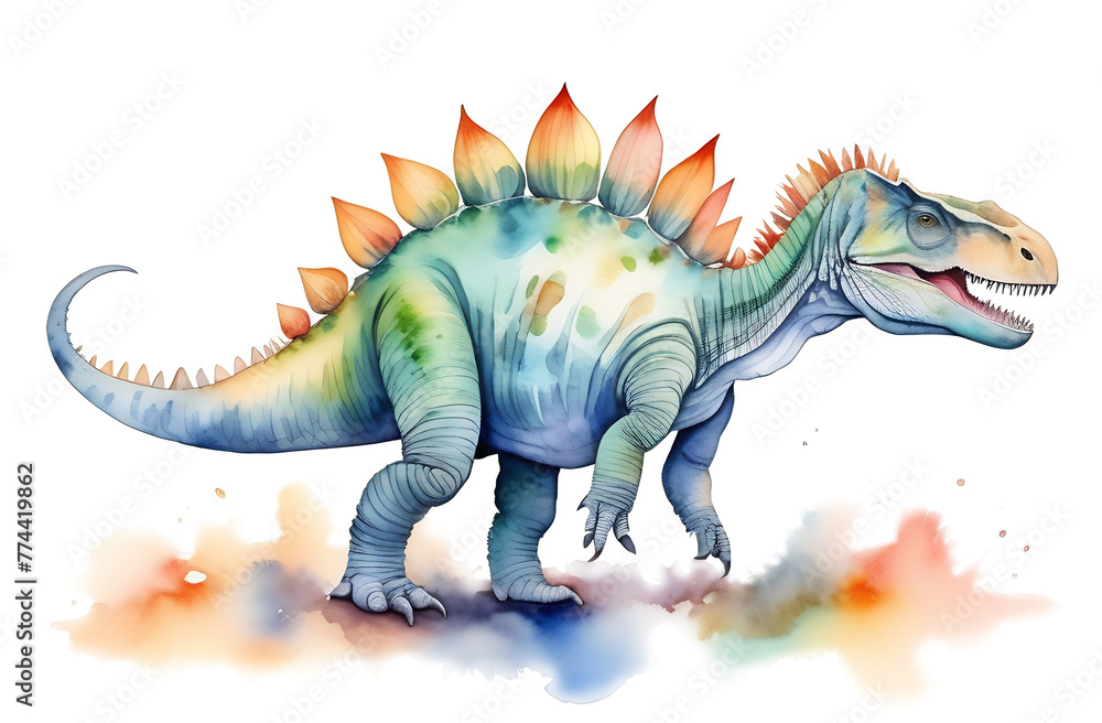 Fototapeta premium Watercolor stegosaurus isolated on transparent background. 