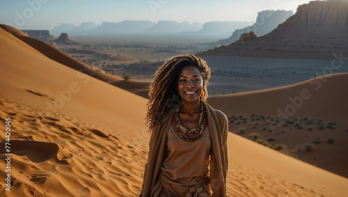 Bellissima donna di origini africane sorride felice mentre cammina sulle dune di un deserto durante una vacanza
 photo