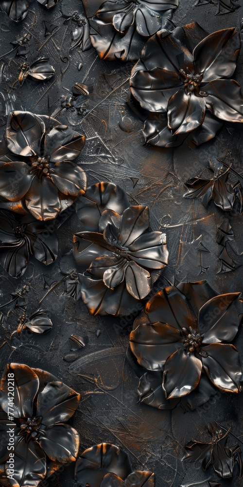 Flowers encased in metallic armor, petals shimmering with a steel or bronze finish, embodying the strength of medieval spirit, set against a dark moody background created with Generative AI Technology