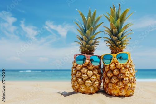 two pineapples with sunglasses on the beach Generative AI