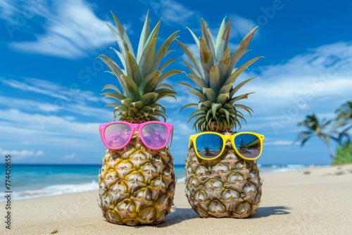 two pineapples with sunglasses on the beach ocean in background Generative AI