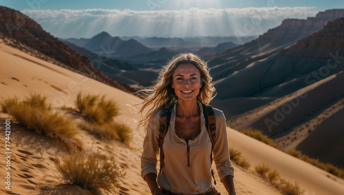 Bellissima donna sorride felice mentre cammina sulle dune di un deserto durante una vacanza
 photo