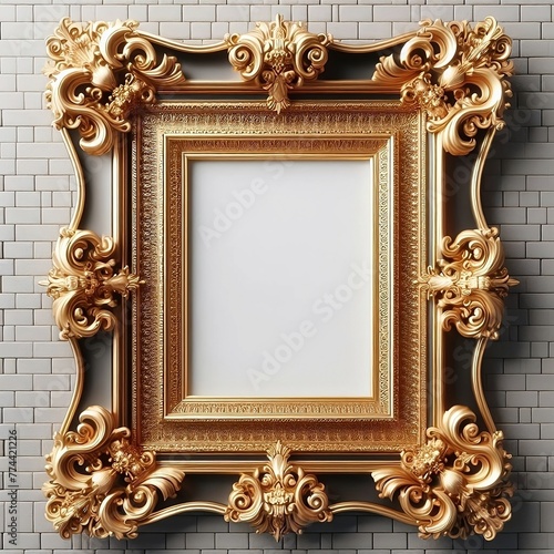 antique big gold frame on a white brick wall