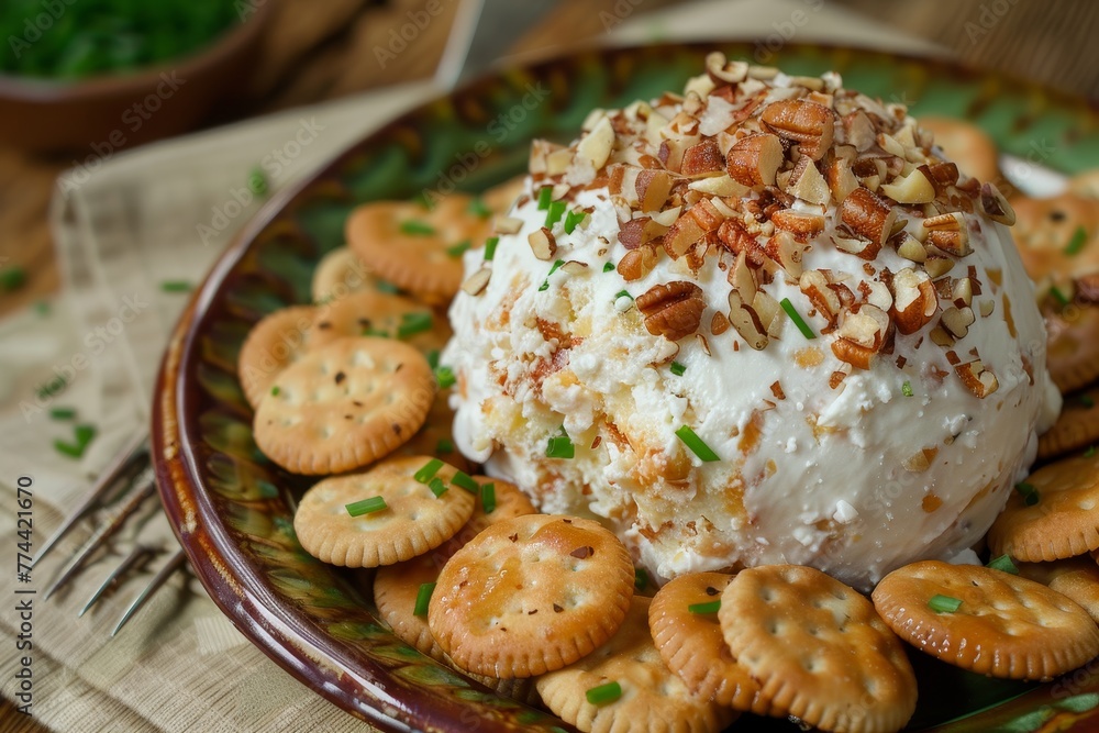 Fototapeta premium Homemade cheeseball with nuts and crackers