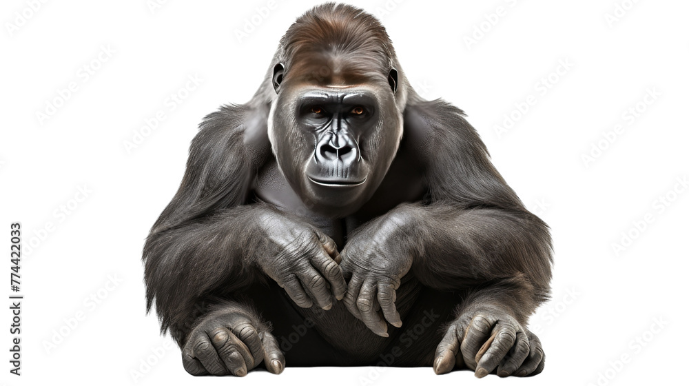 A silverback gorilla sits with hands on knees, deep in thought
