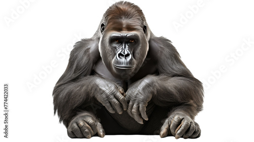 A silverback gorilla sits with hands on knees, deep in thought