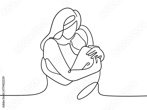 Mother and child hugs continuous line art drawing isolated on white background. Childhood line art drawing. Vector illustration