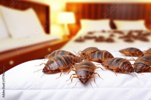 A disturbing view of a bed bug infestation, with multiple bed bugs crawling on white hotel bedding. photo