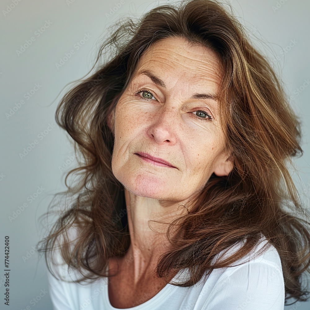 Showcasing timeless sophistication, this skincare portrait features a European model aged 60 with brunette hair, set against a soft gradient backdrop Showcasing timeless sophistication, this skincare portrait features a European model aged 60 with brunette hair, set against a soft gradient backdrop