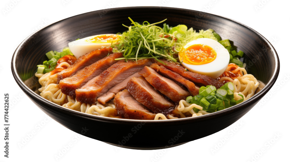 A black bowl brimming with noodles and meat, offering a flavorful feast for the senses