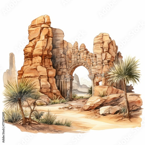 Aquarell antike Wüstenruine mit 2 Palmen Illustration