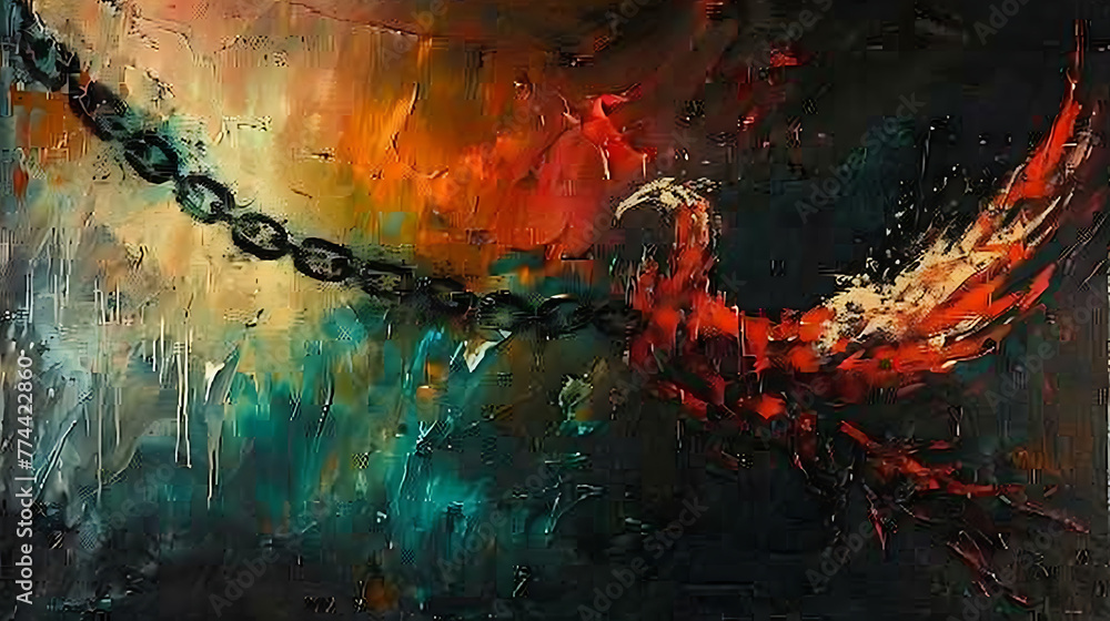 Symbolic chains shattered, rising phoenix of freedom, powerful imagery, vibrant hues of hope.