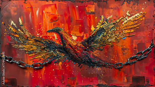 Symbolic chains shattered, rising phoenix of freedom, powerful imagery, vibrant hues of hope.