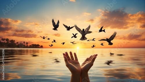 Hands open palm up with birds flying over calm water © ZOHAIB