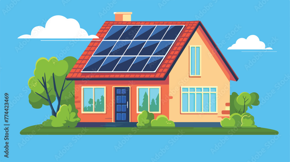 House with solar cell on the roof illustration flat