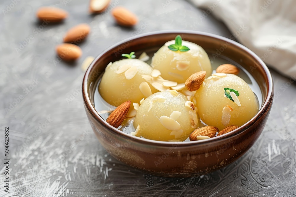 Indian sweet called Gulaab jamun served in brown bowl on beige background with almonds Indian sweet called Gulaab jamun served in brown bowl on beige background with almonds