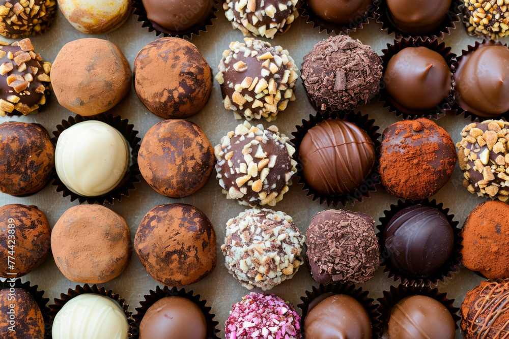 A top-down view of chocolate truffles arranged closely together A top-down view of chocolate truffles arranged closely together