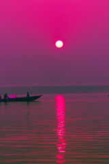 Leinwandbilder Rosa Boats Ganges Ganga River Varanasi Benares Uttar Pradesh India Water Transport Traditional Colorful Sunrise Culture Hinduism Sunrise Sunset Sacred City Tourism Scenic Views Iconic Ghats Temples  © Pedro