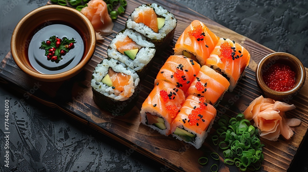 Beautiful sushi and rolls on a dark stone background. Food advertising. Banner, menu. Beautiful sushi and rolls on a dark stone background. Food advertising. Banner, menu.