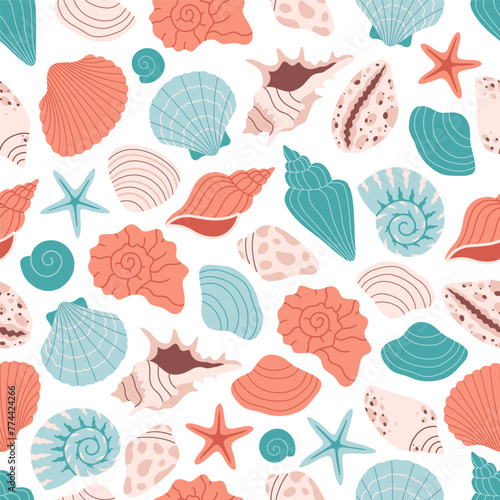 Seamless pattern with sea shells, mollusks, starfish. Tropical beach shells. Summer seamless pattern. Vector illustration in flat style