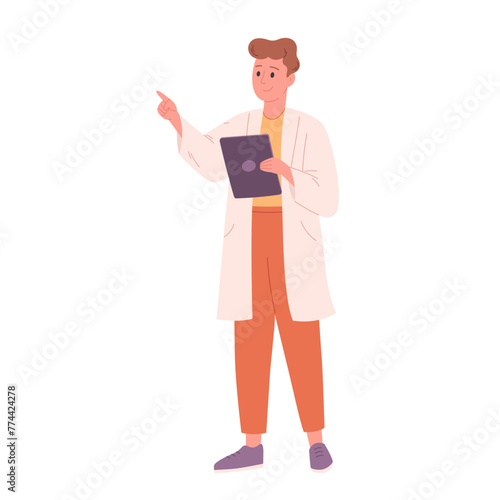 Scientist, doctor or biologist in white coat holding digital tablet. Doctor looking in the medical card. Vector illustration in flat style