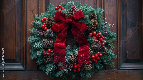 Red Velvet Bow Adorned Christmas Wreath  generative ai