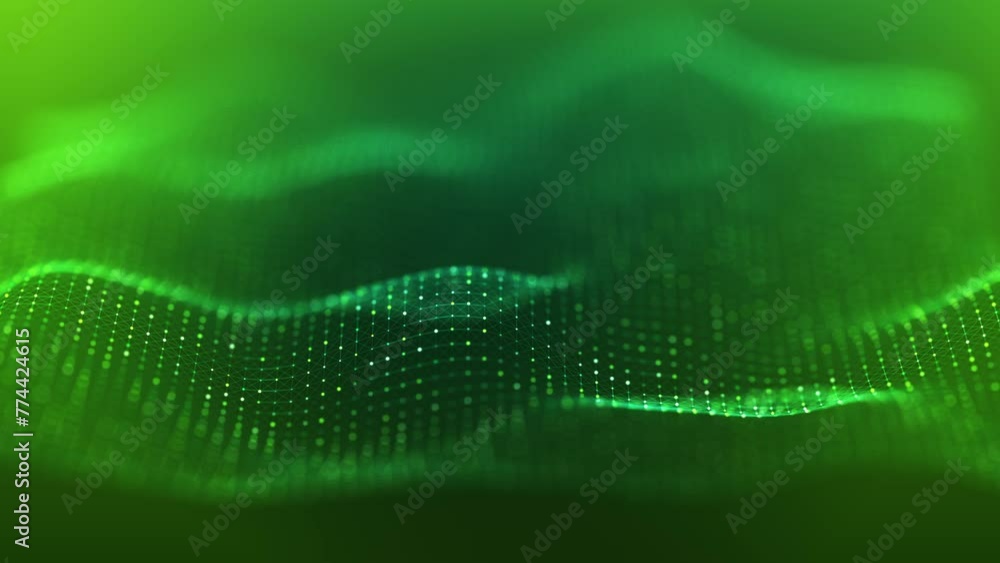 Elegant green particles and waves animation with a perfect loop for backgrounds and wallpapers, showcasing a glowing network of dots and lines in a seamless abstract motion