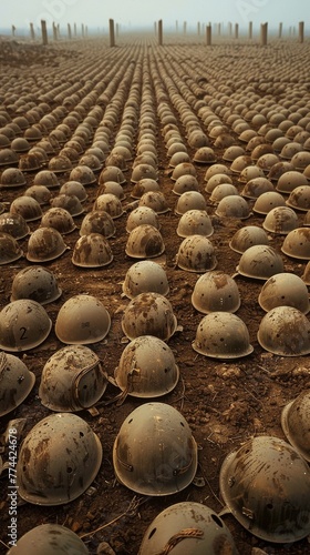 A somber Memorial Day scene with countless military helmets lined up in a field, representing fallen soldiers.