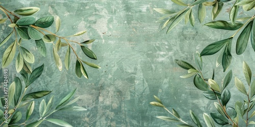 An olive leaf and branch pattern set against a faded background, symbolizing peace, wisdom, and the agricultural riches of Greece created with Generative AI Technology