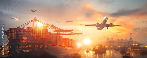 Logistics and transportation of Container Cargo ship and Cargo plane with working crane bridge in shipyard at sunrise, logistic import export and transport industry background