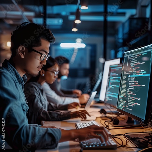 A scene showcasing a team of software developers coding, collaborating, and testing applications in a modern development environment photo