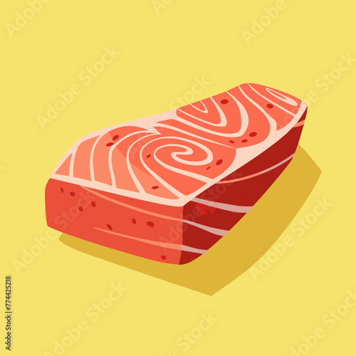 Sliced raw salmon isolated on yellow background. Vector illustration.