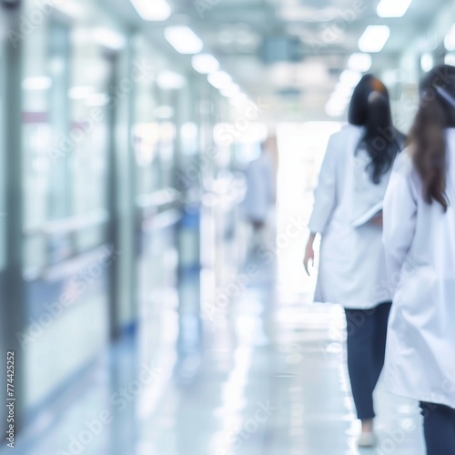 abstract blurred image of doctor and patient people in hospital interior or clinic corridor for background, laboratory, science experiment, health care and medical technology concept