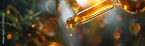 gold drops of cannabis oil for medicine purpose like cbd oil photo