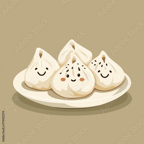 Illustration of Chinese Steamed Dumplings with Smiling Face.