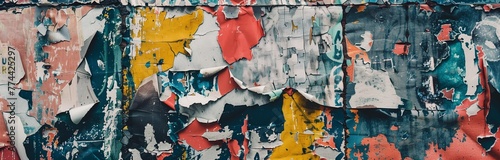 a wall with torn down old poster and paper colorful for background
