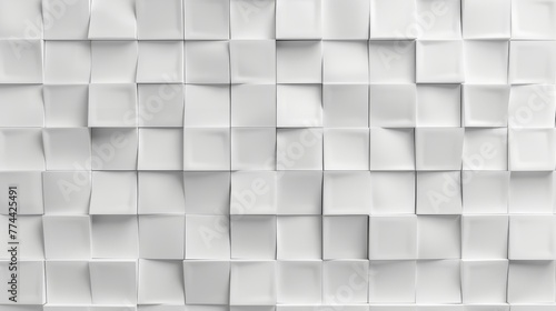 Three-dimensional white cube pattern on textured wall. Optical illusion created by white square tiles. Modern and creative white geometric wall design.