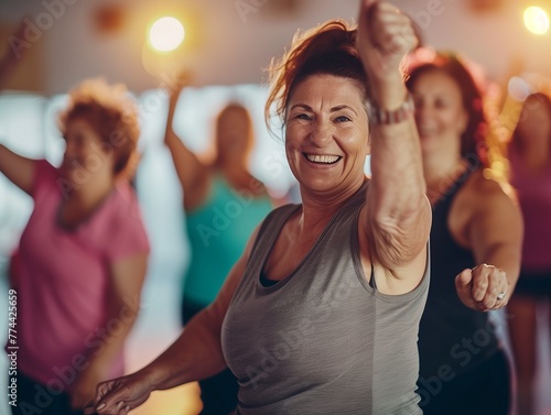 Middle-aged women enjoying a joyful dance class, candidly expressing their active lifestyle through Zumba with friends