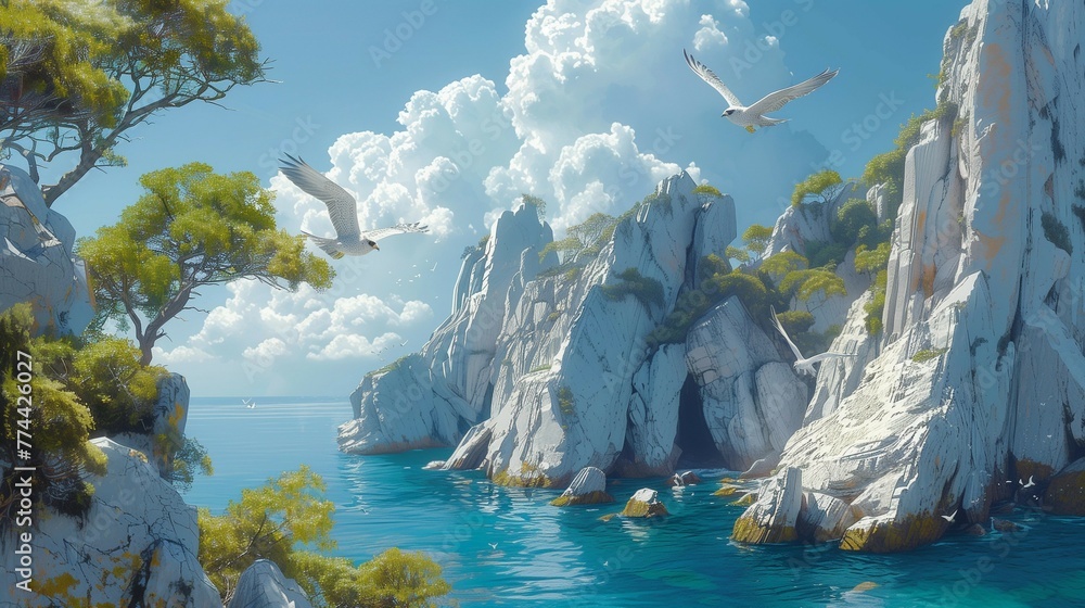Detailed Rock Layers and Vegetation on Coastal Cliffs, generative ai - obrazy, fototapety, plakaty 