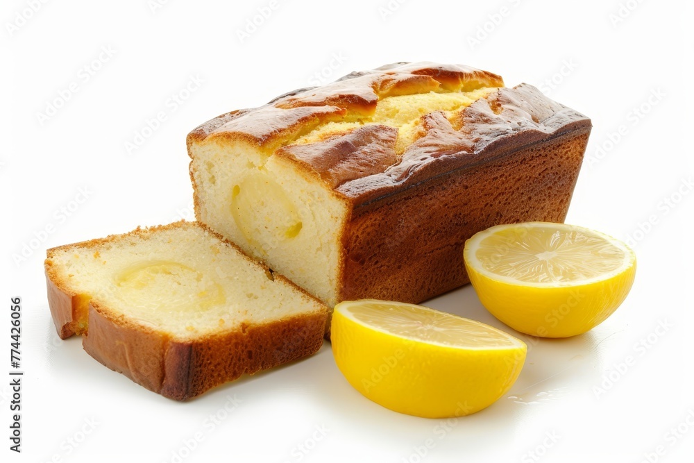 Lemon flavored loaf cake on white background