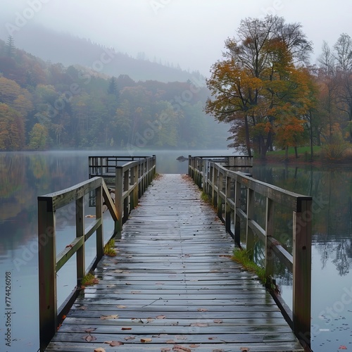 A wooden bridge over a lake with a boat in the water