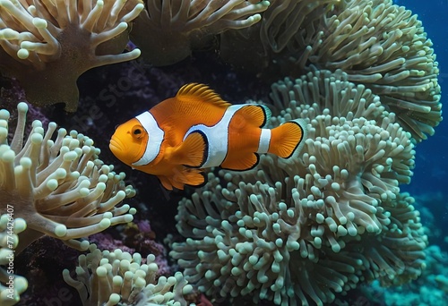 Harmonious dance orange and white clownfish in sea anemone