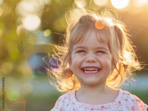 A portrait of a happy little girl laughing with white teeth in a closeup shot. She has blonde hair and is wearing a light blue striped shirt. The background features a soft focus on the beach or park © Svetlana
