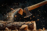Man chopping wood with vintage axe sawdust flying