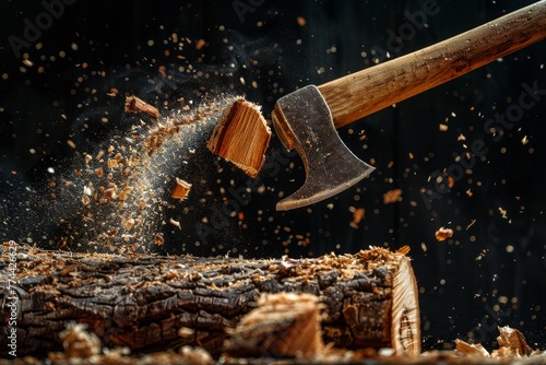 Man chopping wood with vintage axe sawdust flying photo