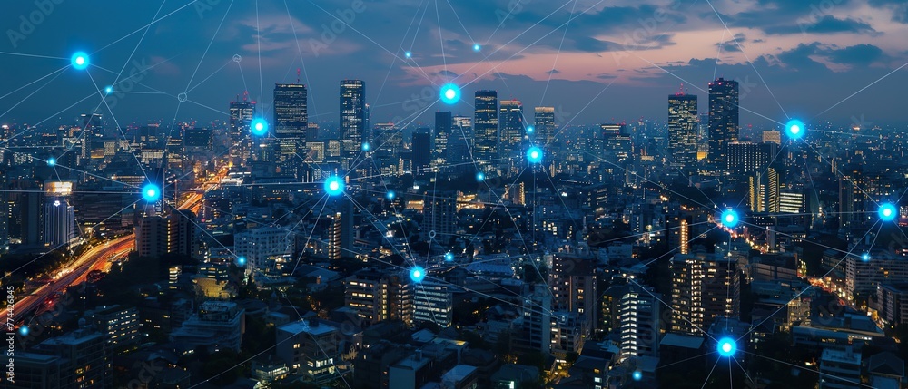 Digital network overlay on a bustling cityscape at dusk, symbolizing global connectivity and smart cities skyline under a mesh of global communication, highlighting the pulse of networked technolog